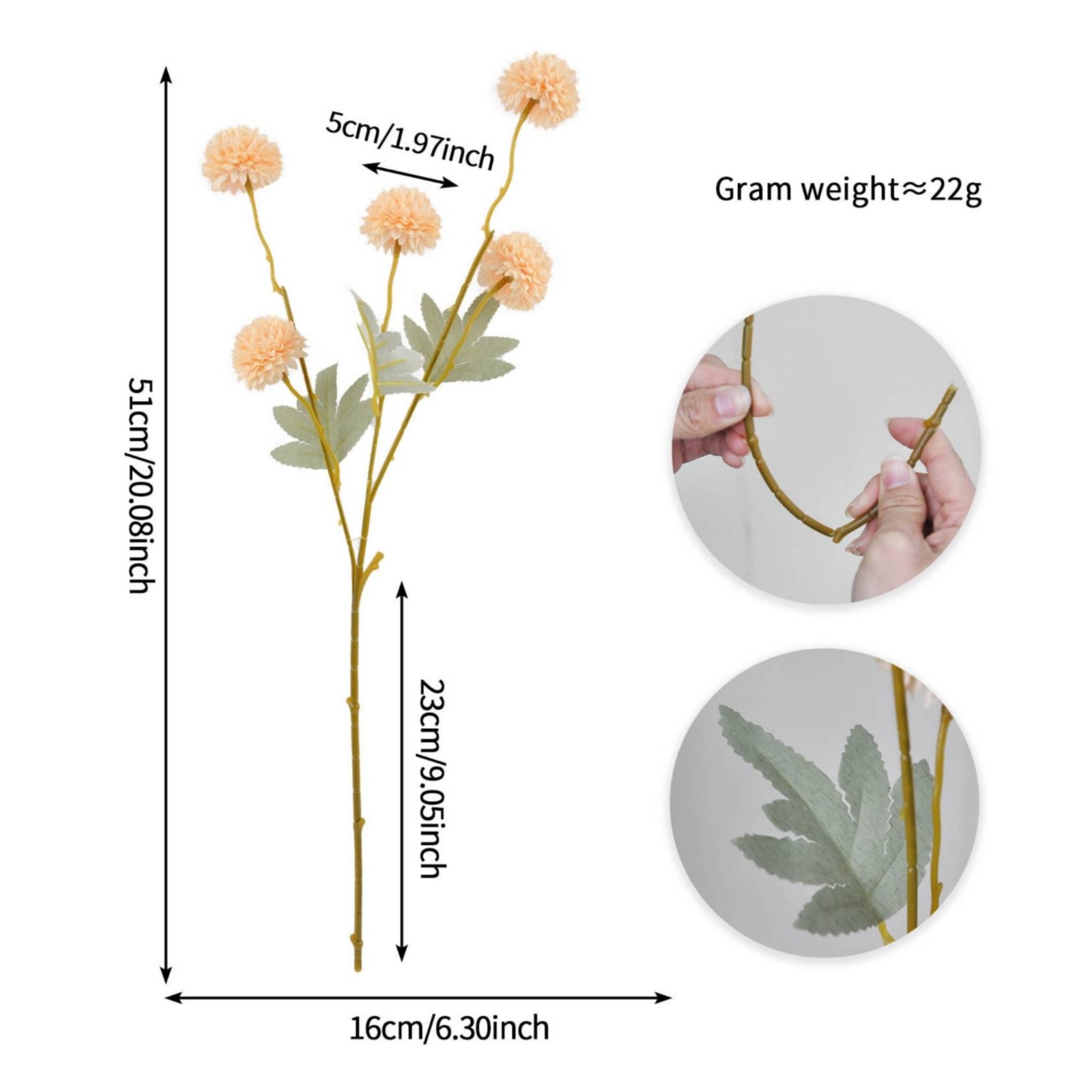 5-Head Chrysanthemum Spray Flexible Stems Artificial Puffball Stem