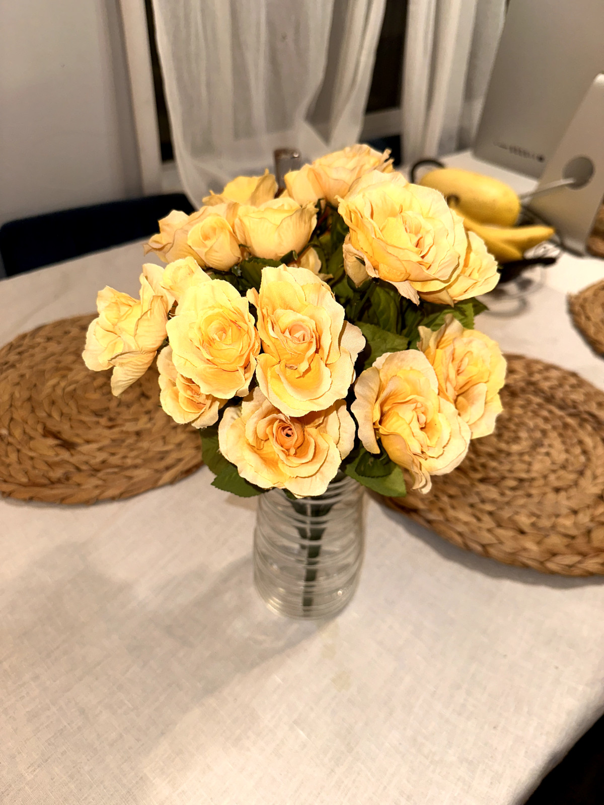 2 set 14″ Tall 14 Stems Yellow Roses Artificial Flowers Blossom Silk glass vase