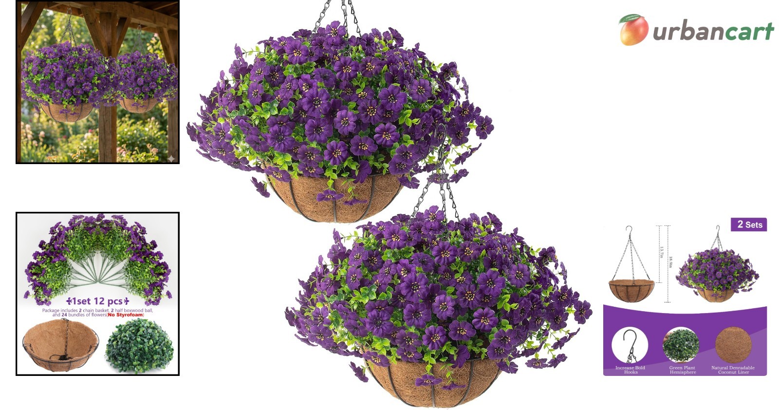 Vibrant Purple Artificial Outdoor Flower Baskets – Low Maintenance -Round Decor