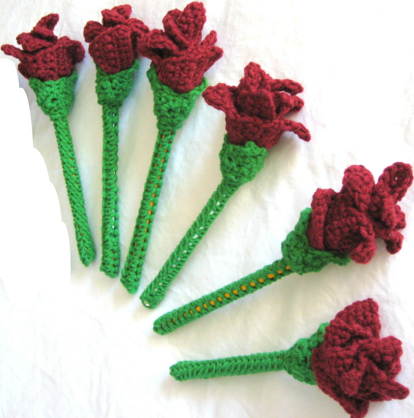 6 HANDMADE Knit CROCHET Long GREEN Stem MAROON ROSE Flower FLORAL Decor BOUQUET!