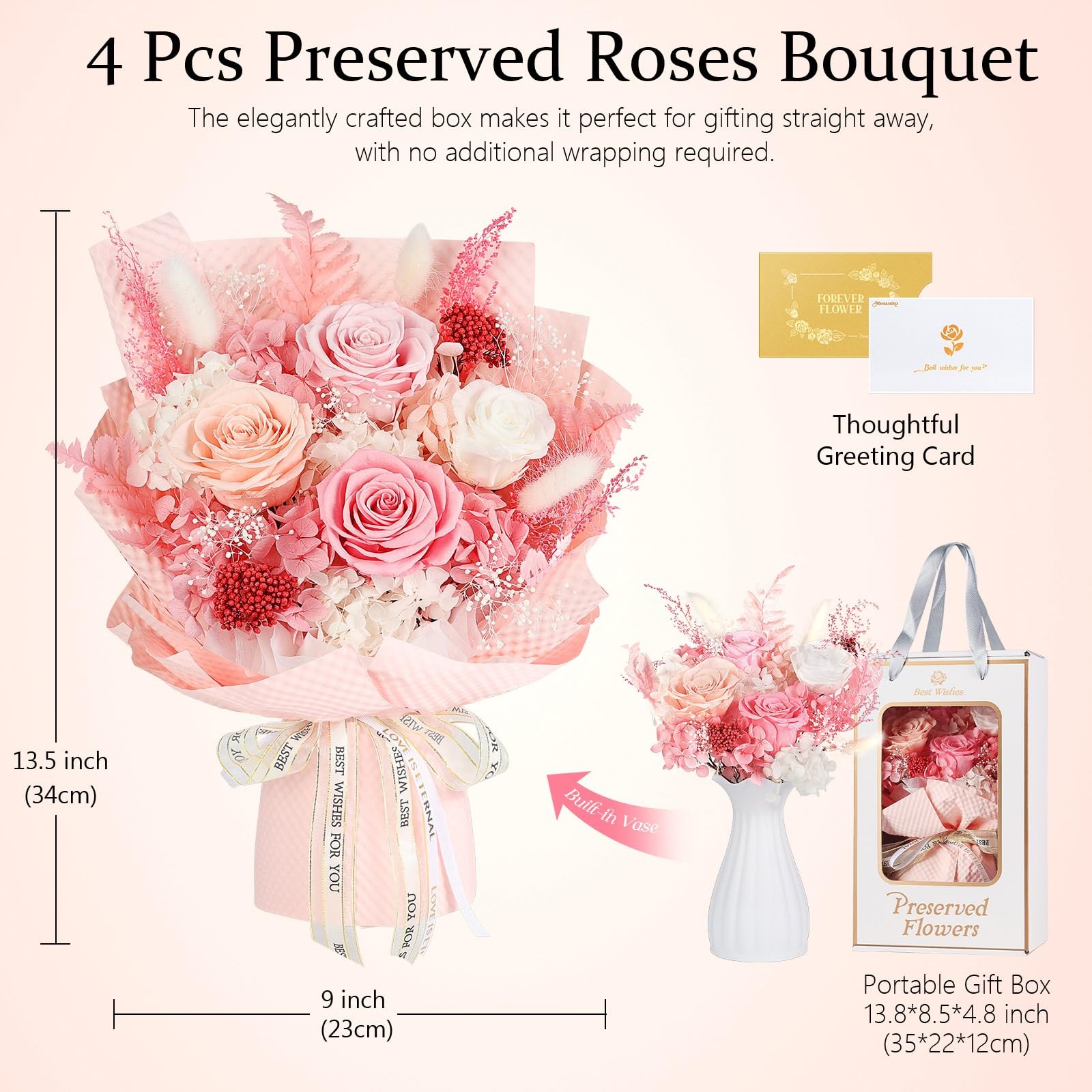 MAMAMIKO Preserved Flowers Bouquet 4 Roses Pink Roses & Flowers for Delivery…
