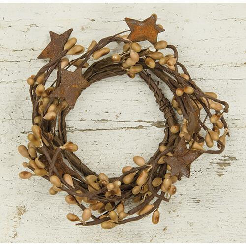 Teastain Pip Berry with Rusty Tin Stars Candle / Napkin Ring 2″ Inner Diameter