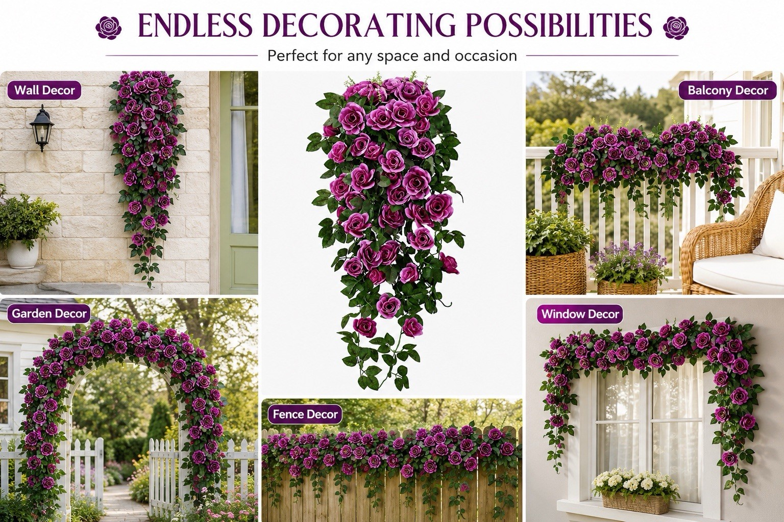 90cm Artificial Purple Rose Hanging Vine Silk Flower Garland Wedding Home Decor