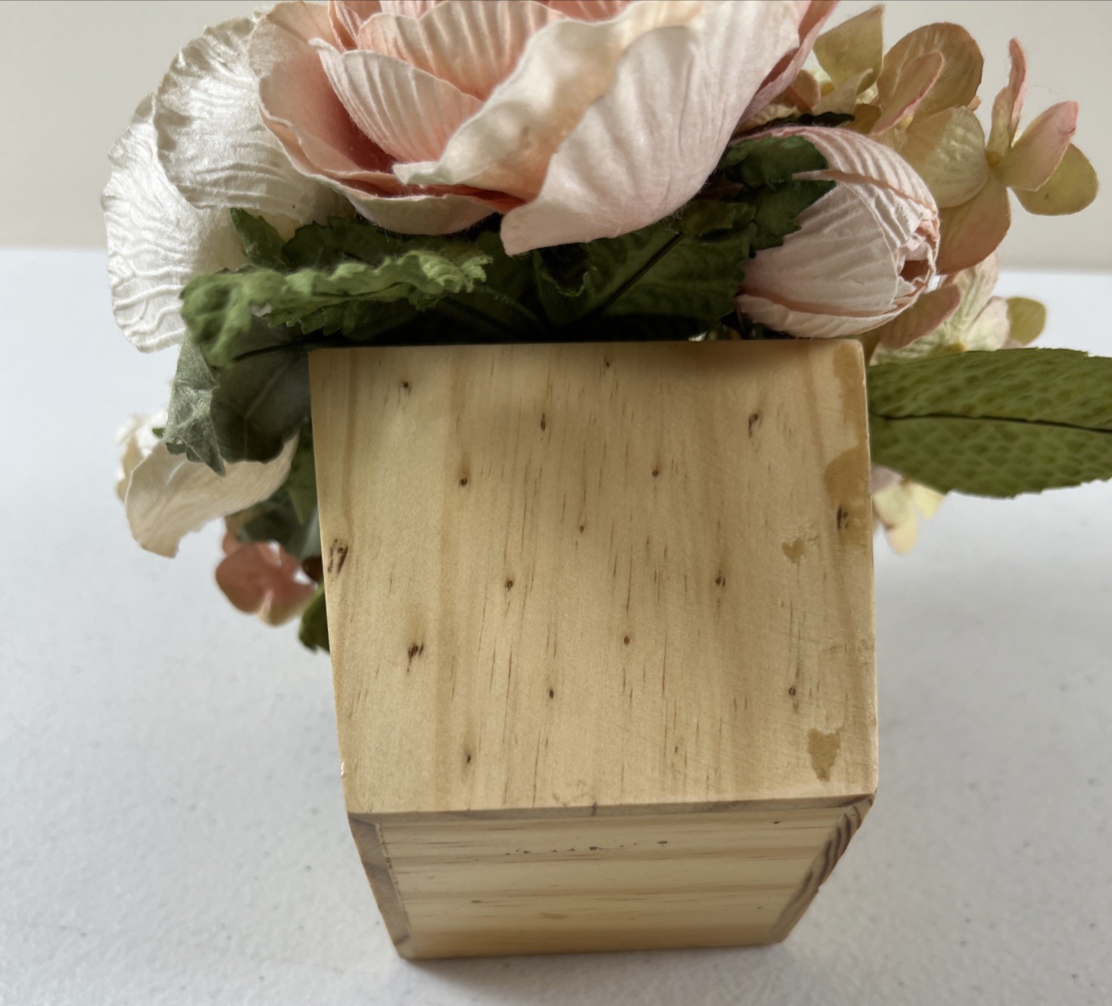 Paper Flower Arrangement With Wooden Base Hydrangeas And Roses Peach Color