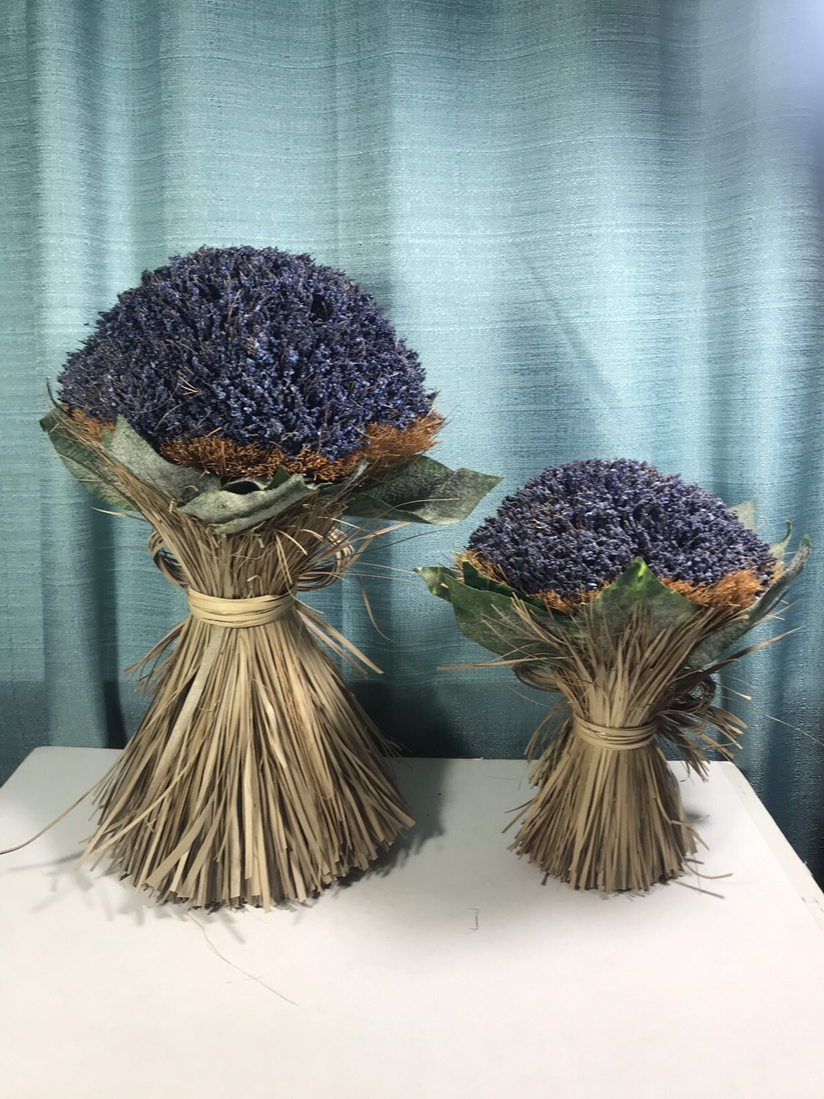 Artificial Lavender Bouquet Pair Free Standing Rounded Bunch w Grass Bow