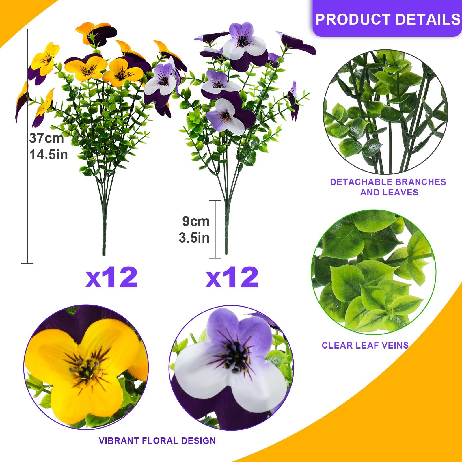 2 Set Artificial Outdoor Pansy Flowers with Hanging Baskets, 2 Hanging Basket…