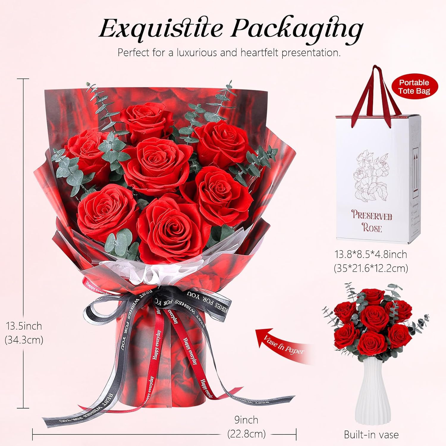 Preserved Flowers Bouquet 7 Roses – Red Real Rose & Flowers for Delivery, Eterna