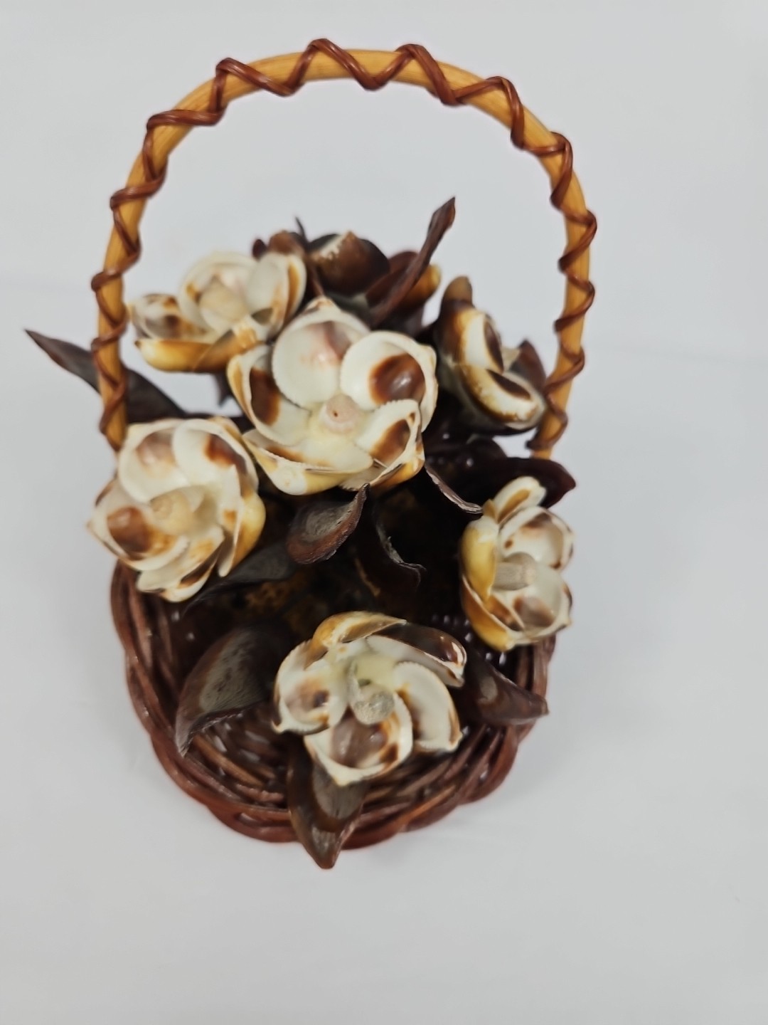 Seashell Art Floral Arrangement In Basket BOHO Vintage handmade decor 6 1/2″tall