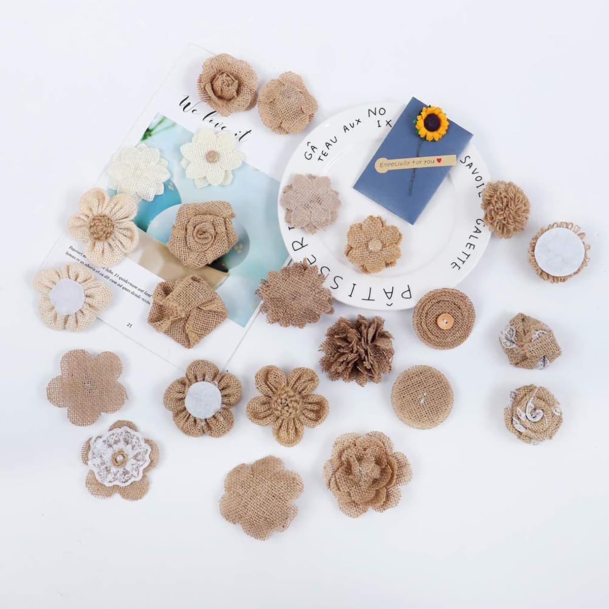 24PCS Burlap Hessian Flowers Set, Natural Rustic Rose Flowers Handmade Bowkno…