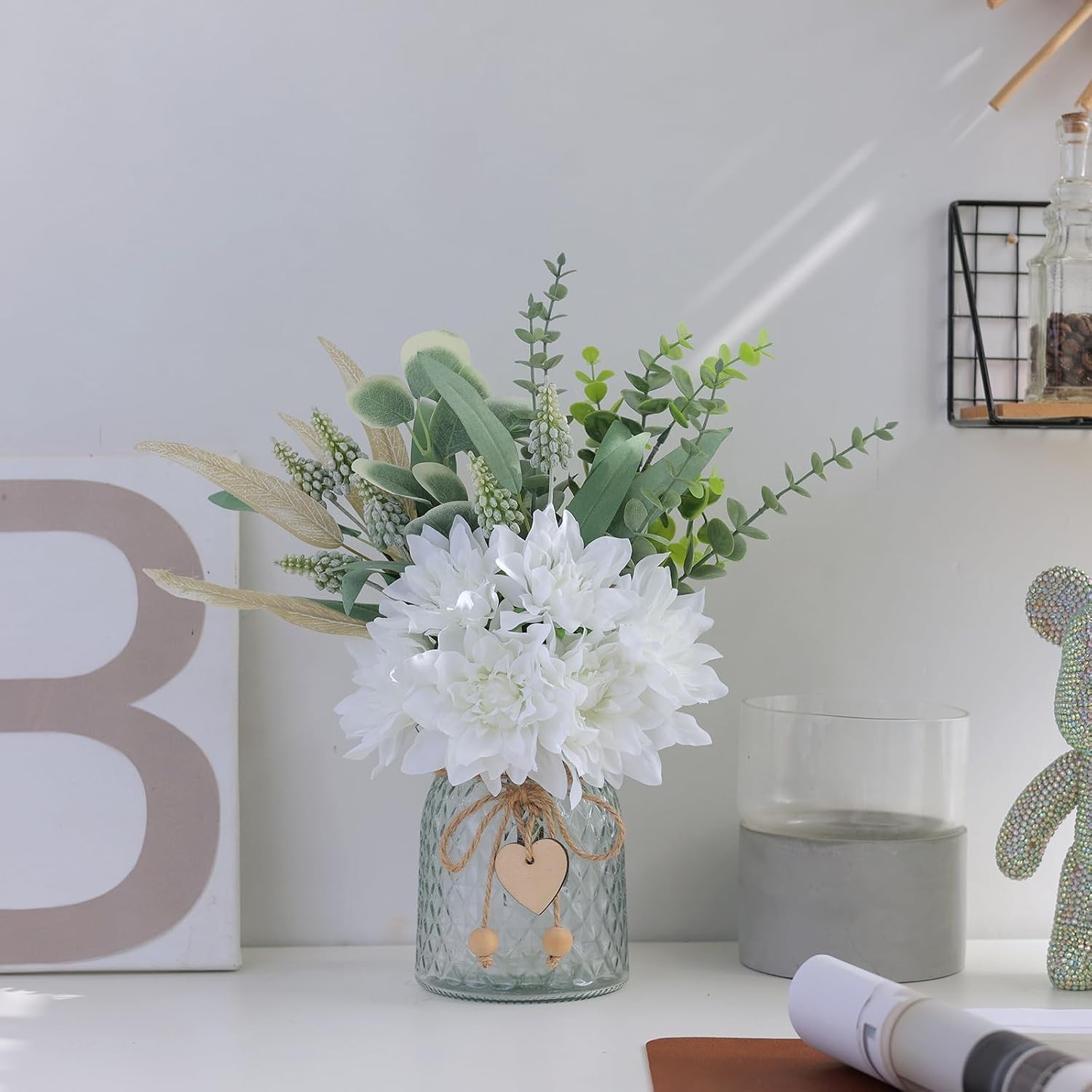 Beautiful Faux Dahlia and Eucalyptus Flowers in Vase – 14.5