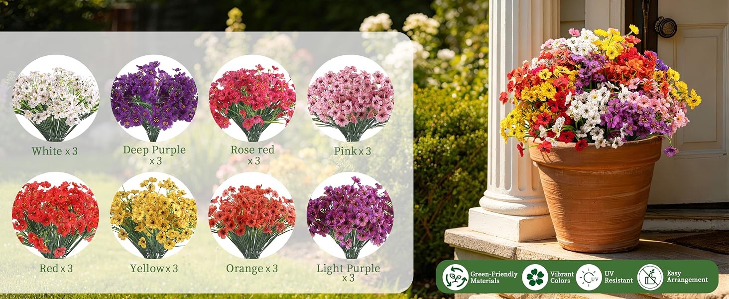 24 Bundles Artificial Flowers for Outdoors/Indoors, Fake Flowers Plants for