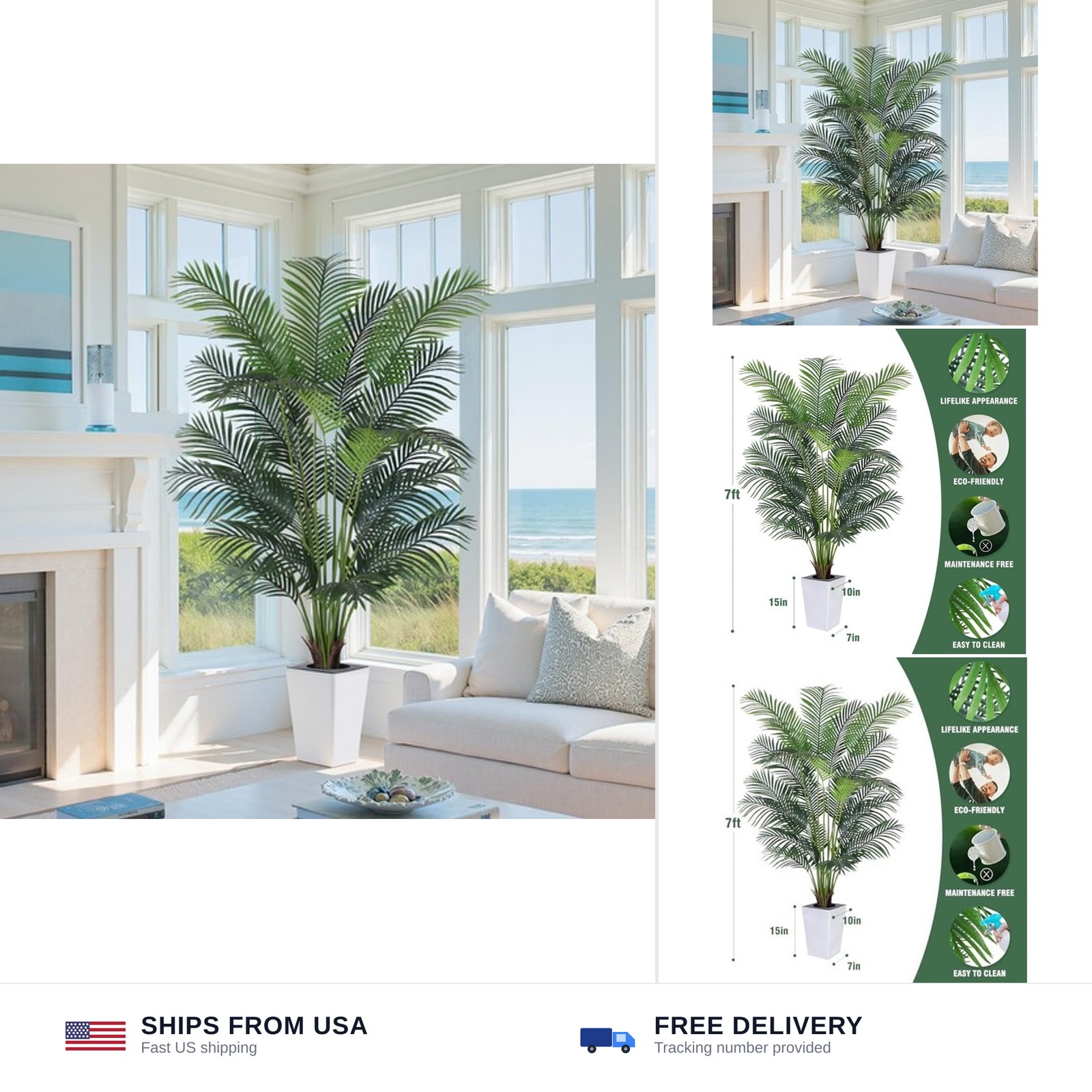 Artificial Palm Tree with White Tall Planter, 7ft Tall Potted Artificial Silk…