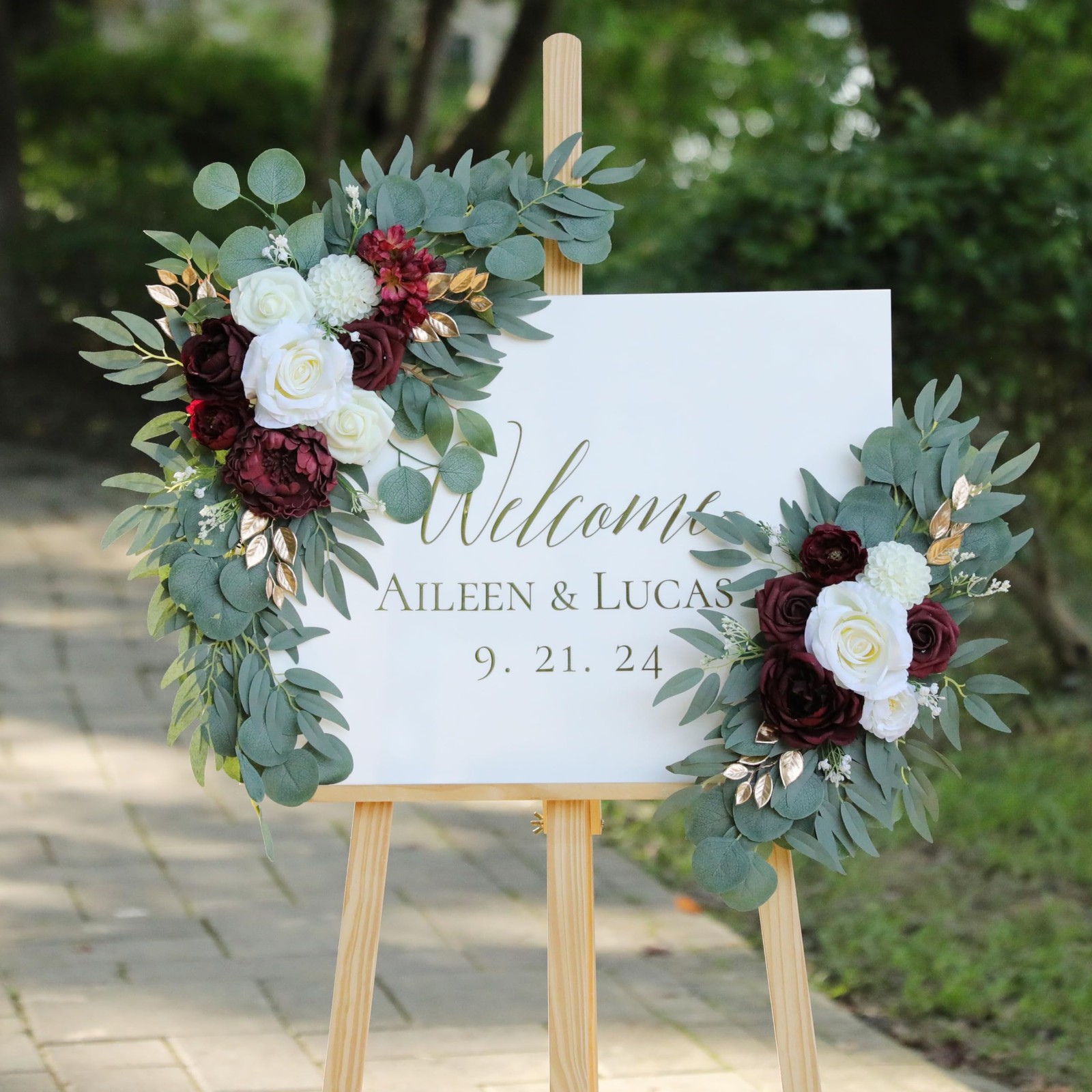 Artificial Burgundy Wedding Arch Flower Swags Set of 2 Welcome Sign Decor
