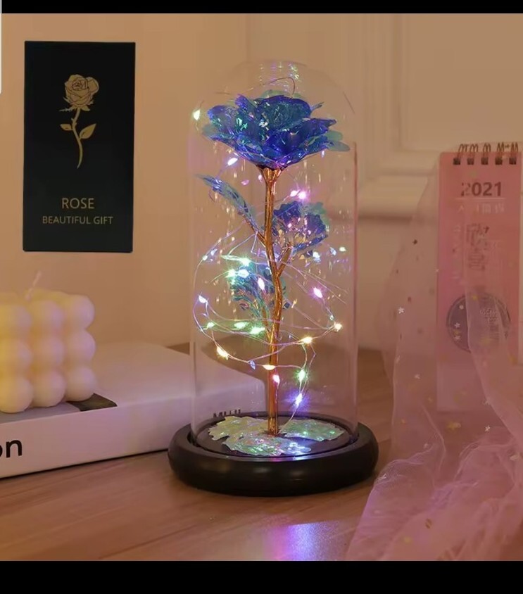 New with Box – Crystal Rose with LED Light In Dome Cover – Happy Birthday – blue