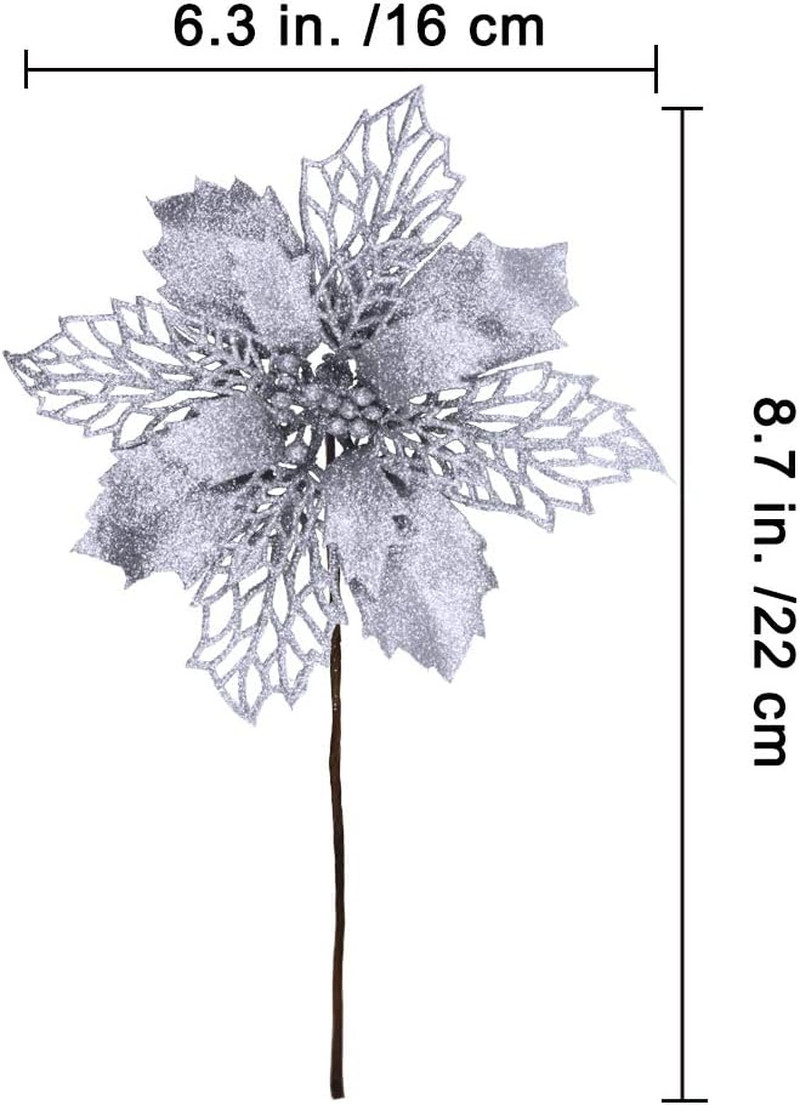 24 Pcs Christmas Silver Glittered Mesh Holly Leaf Artificial Poinsettia Flowers