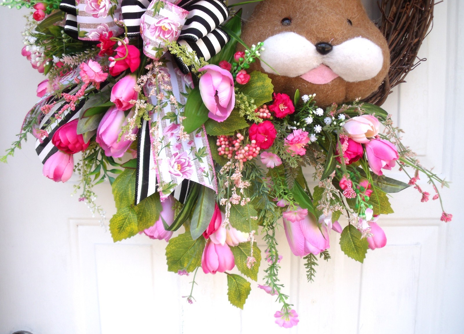 Spring Easter Bunny Wreath, Door Decor Pinks/Black/Whites