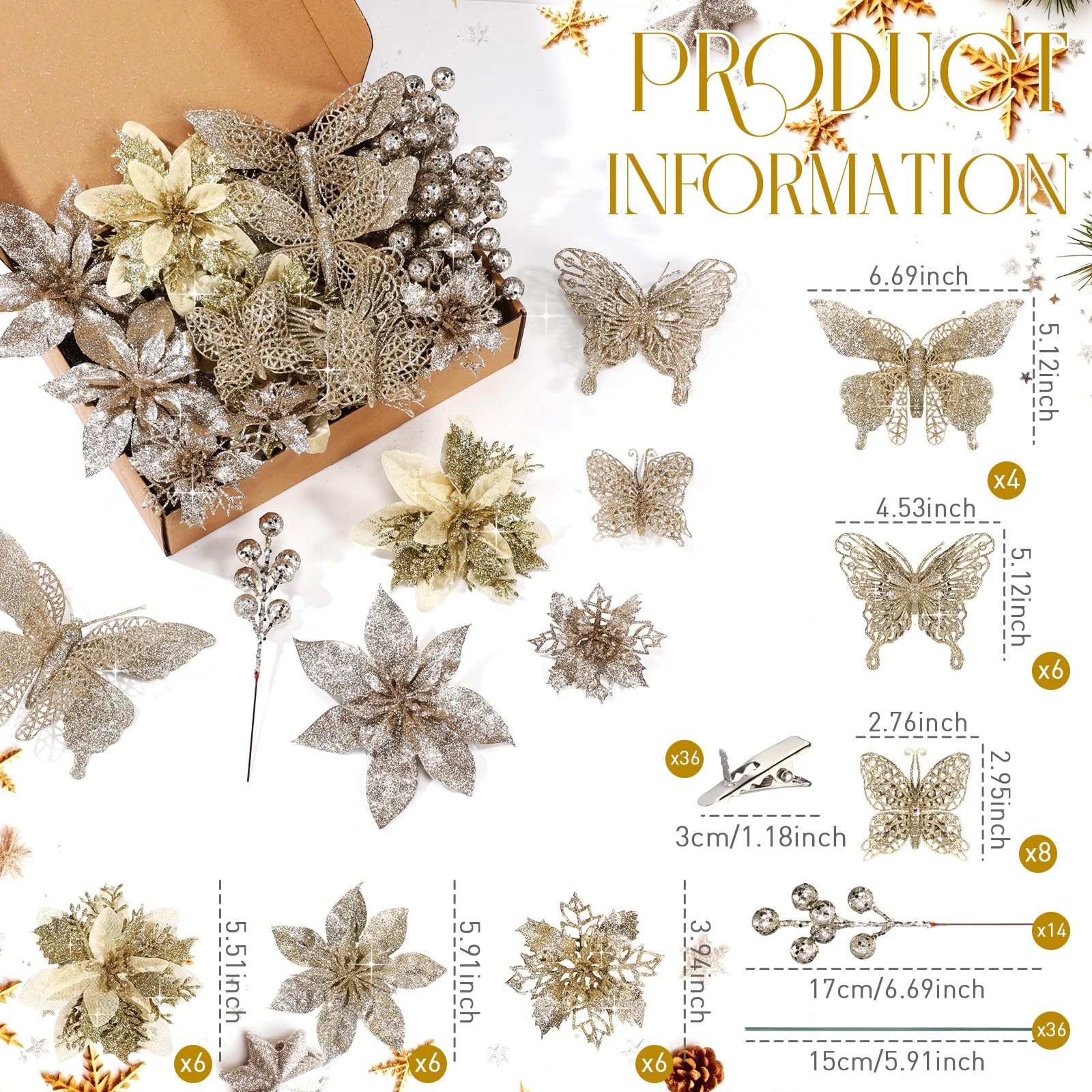 Thiccywoov 122 Pcs Christmas Glitter Poinsettia Artificial Flowers Berry Pick…
