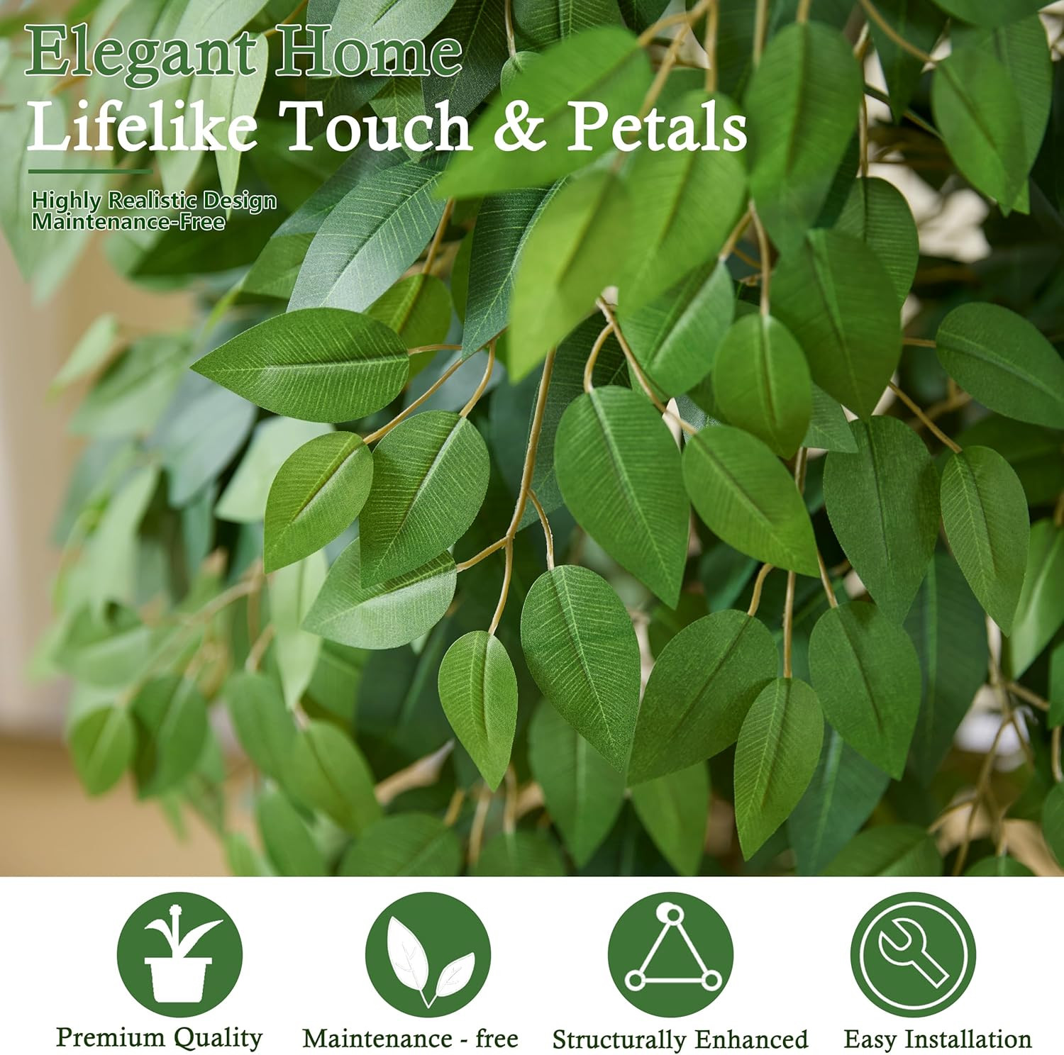 Artificial Ficus Tree：5Ft Faux Silk Floor Plant Realistic Tall Fake Ficus Large
