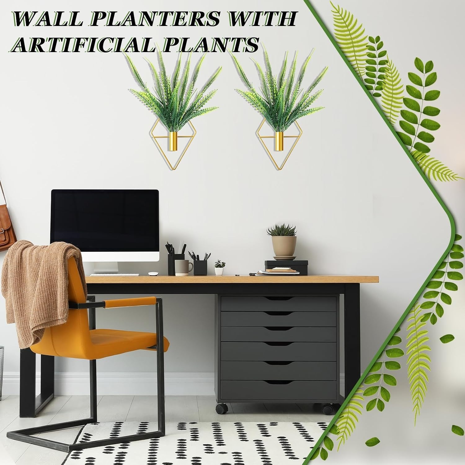 Geometric Gold Hanging Planters with Faux Boston Ferns – Indoor Décor Essentials