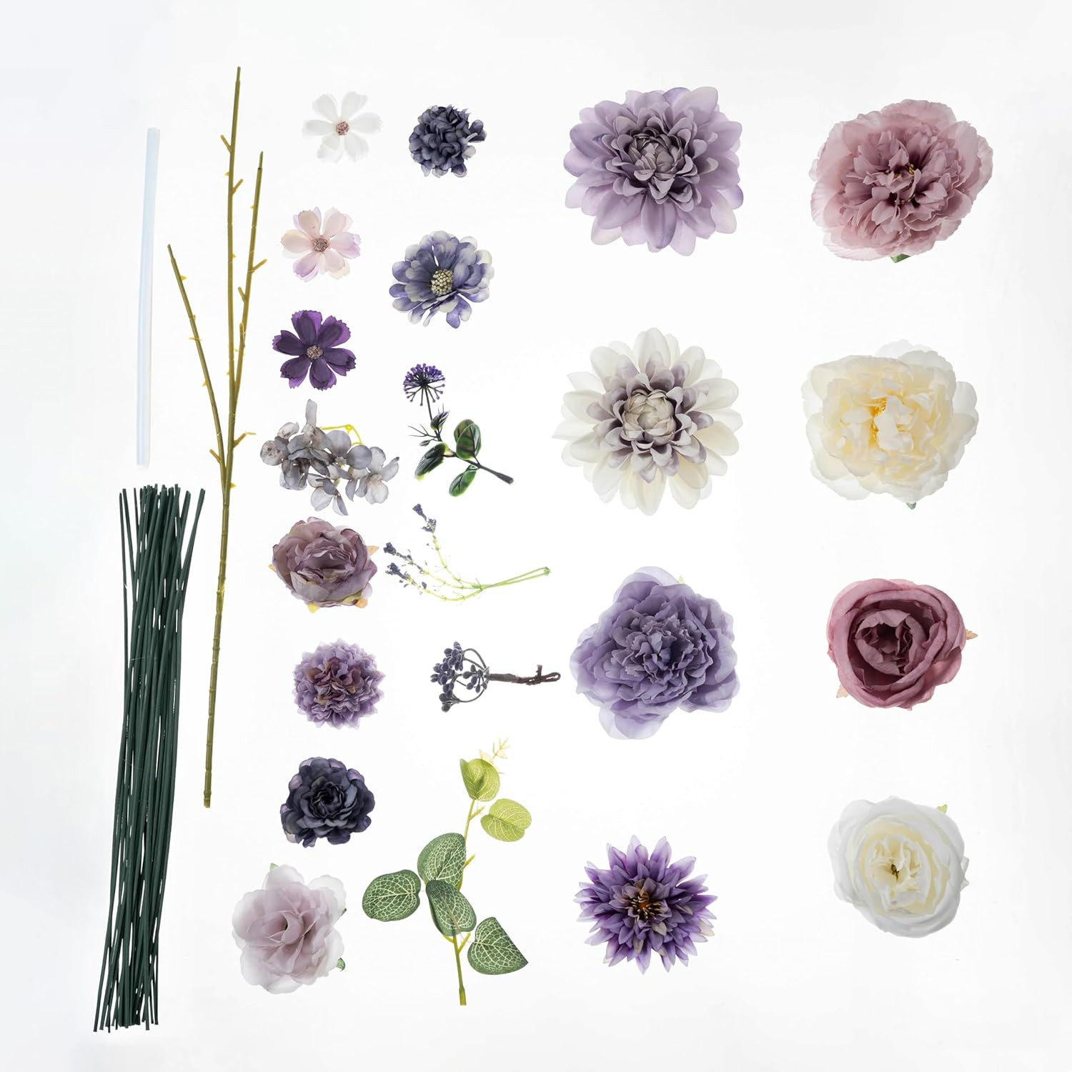 30 Pcs Artificial Flowers Combo Purple Flowers Mix Silk Flowers Dahlia Roses wit