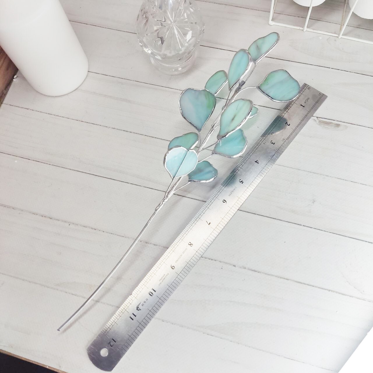 Stained glass eucalyptus branch, glass eucalyptus, plant stake for vase or garde