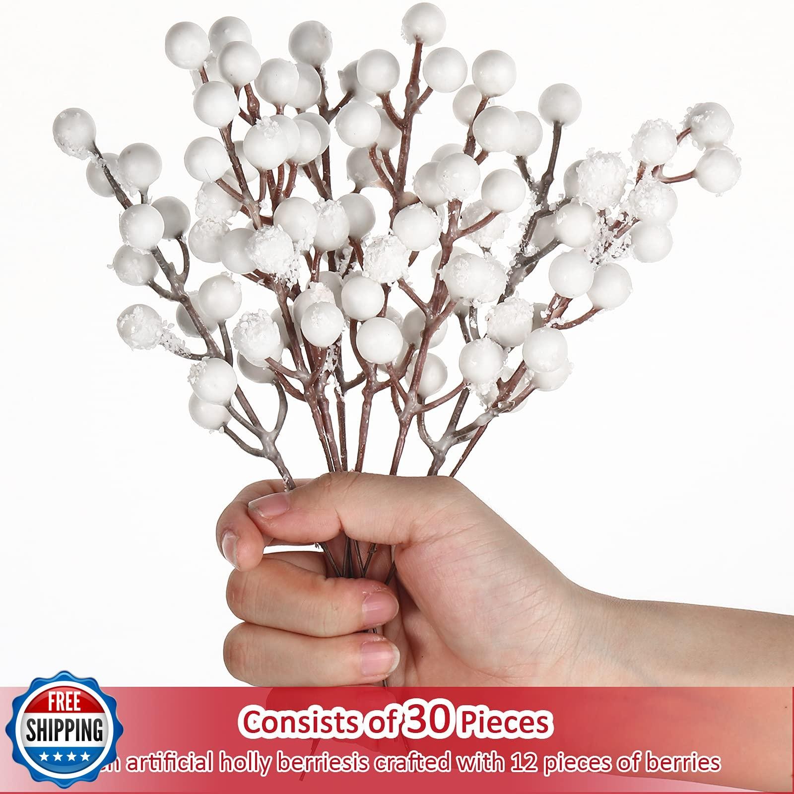 Geosar 30 Pieces Artificial Christmas Berry Picks with Snowflake Glitter Arti