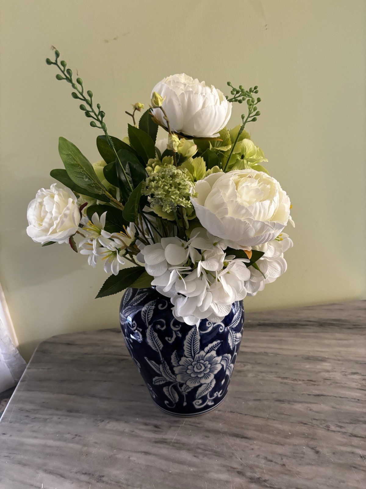 White Peonies Silk Flowers In Cobalt Blue Vase Decor Stands Approx 17” Tall