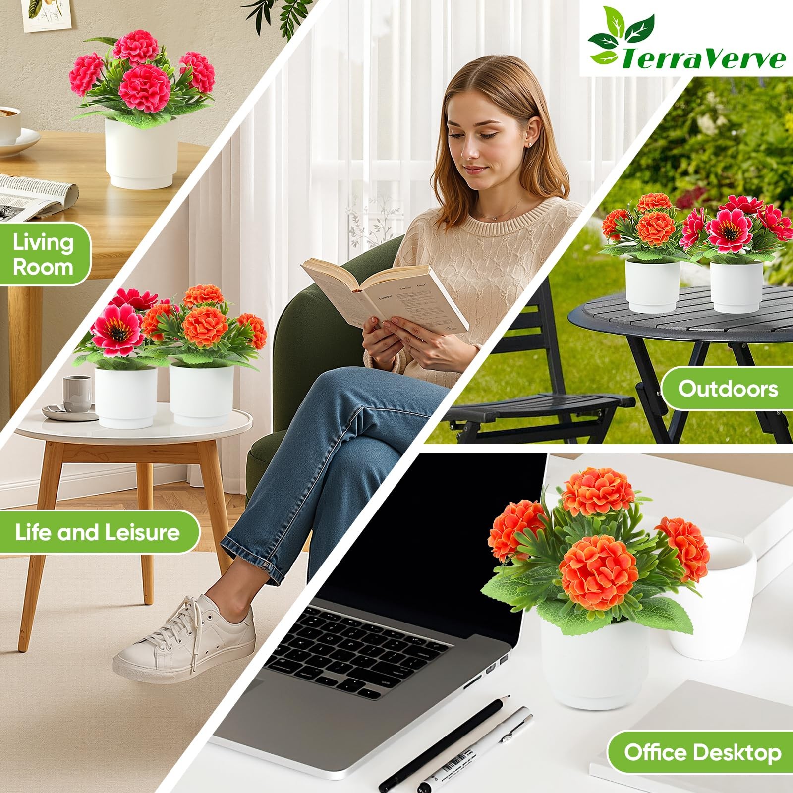 Set of 4 PCS Artificial Plants Red Silk Flowers Table Decor Office Home