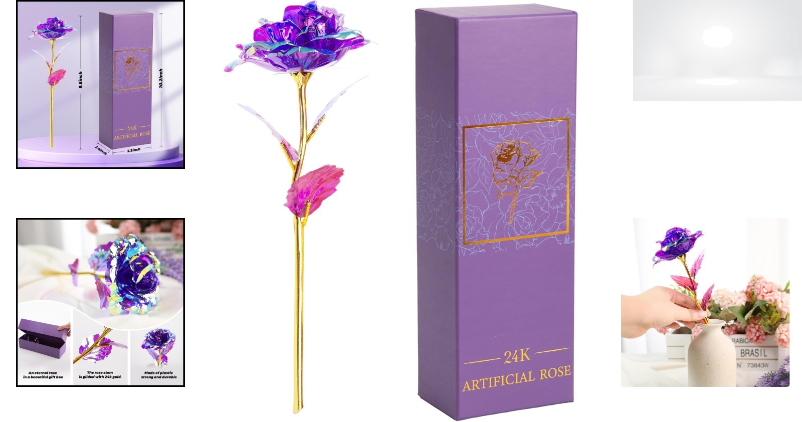 Gold Dipped Artificial Purple Rose Forever Flower Mother’s Day Anniversary Gift