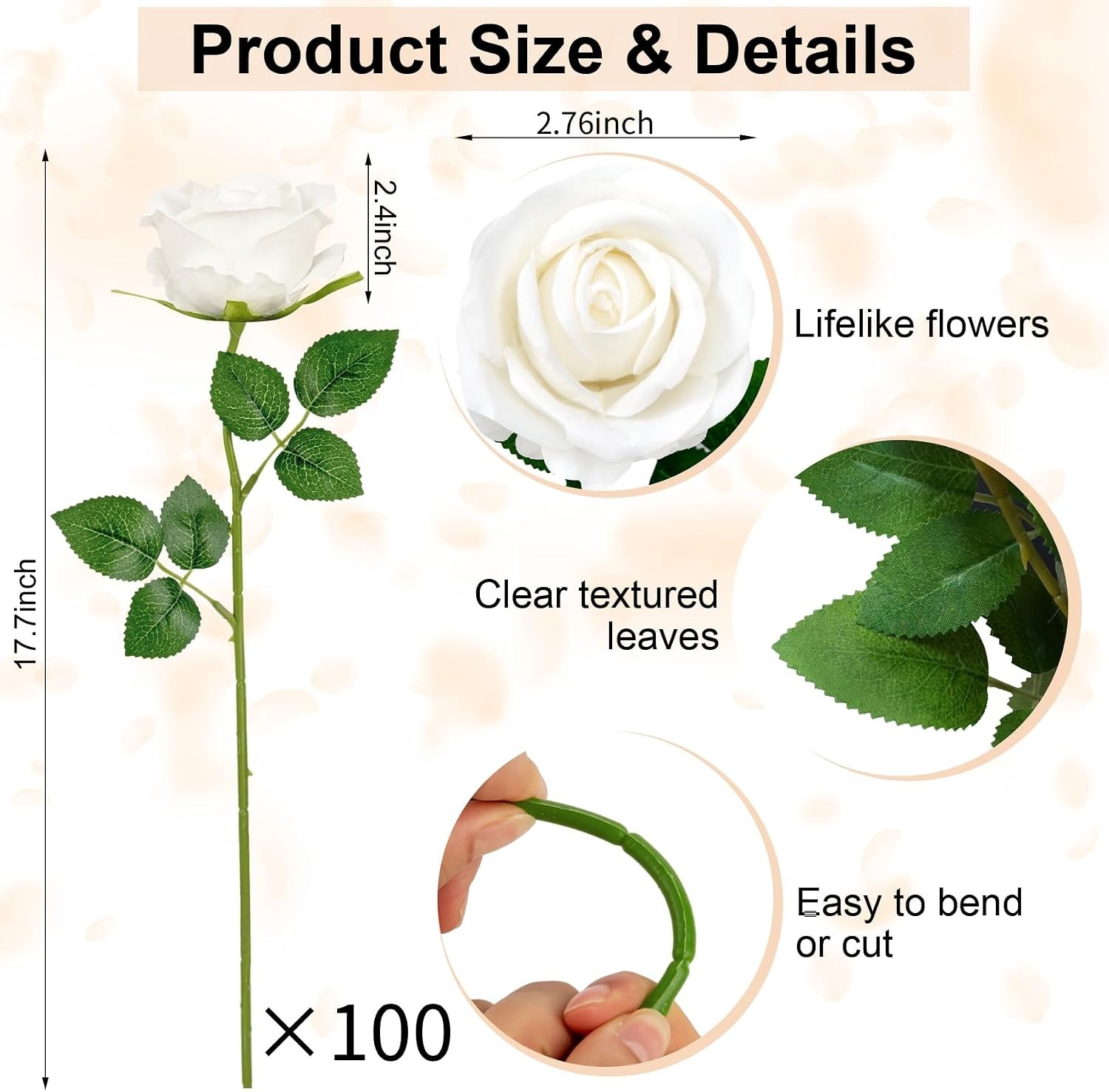 100 Pcs Velvet Silk Fake Roses – Long Stem White Flowers for Weddings & Decor