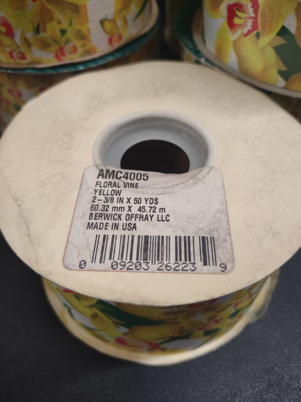 50Yds Berwick Flora-Satin Orchid Ribbon, Yellow & White Cymbidium Orchids 2-3/8″