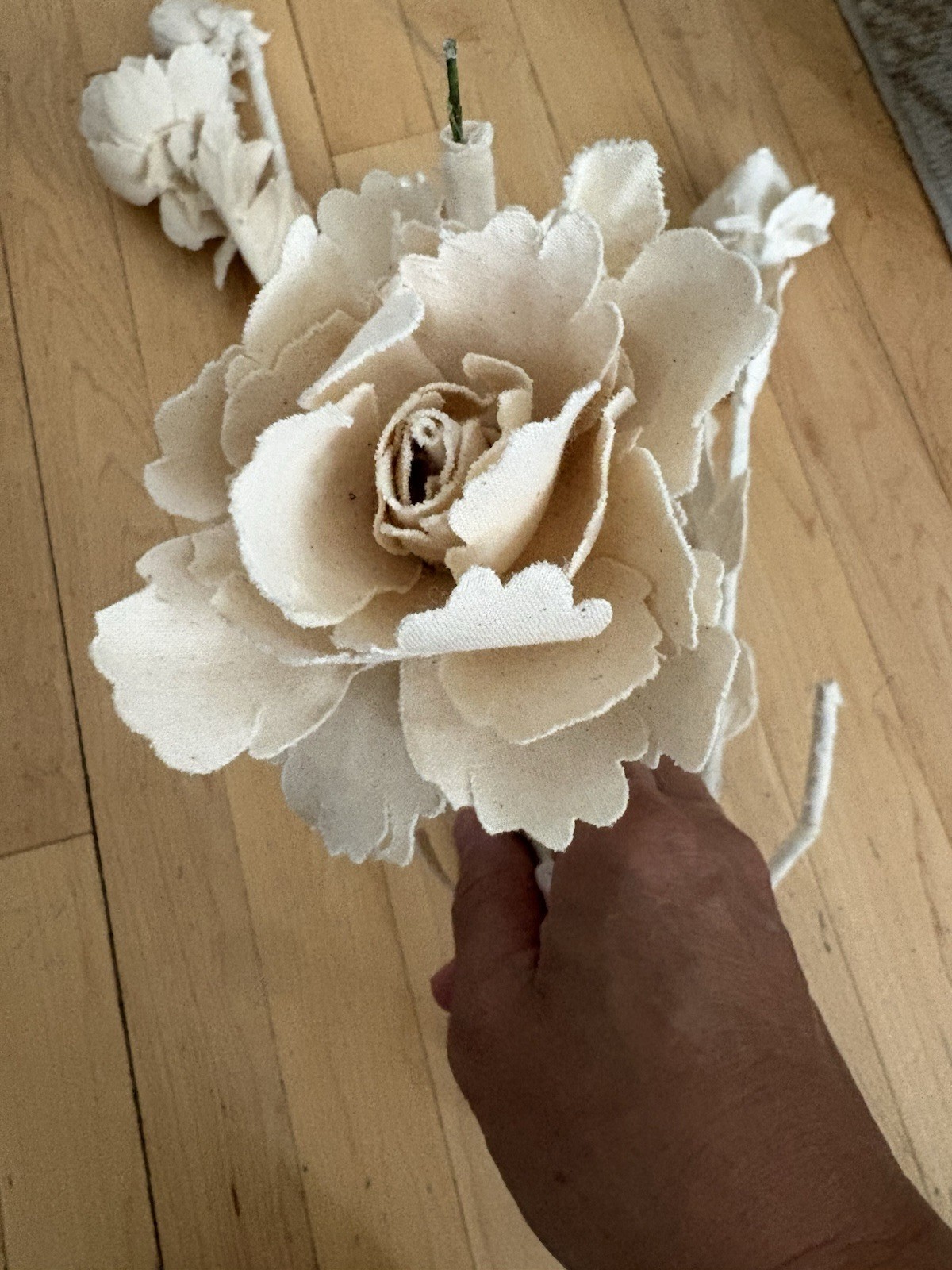 Vtg Wedding Ivory Cotton Fabric Rose Stems Wired Handmade L Floral Decor Lot 5