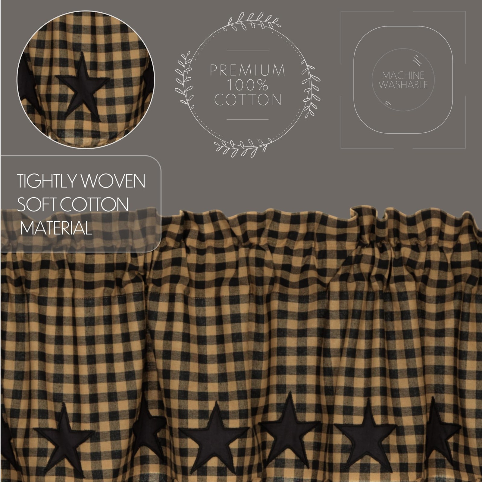 , Black Star, Cotton, 36x36x16, Scalloped Swag, Set of 2, Black