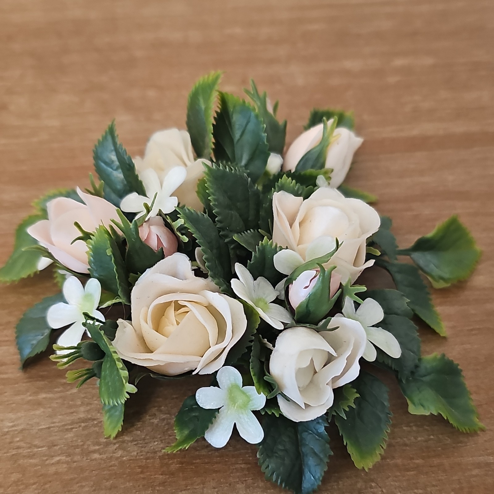 Artificial Rose Floral Arrangement Centerpiece with Cream Roses and Green Leaves