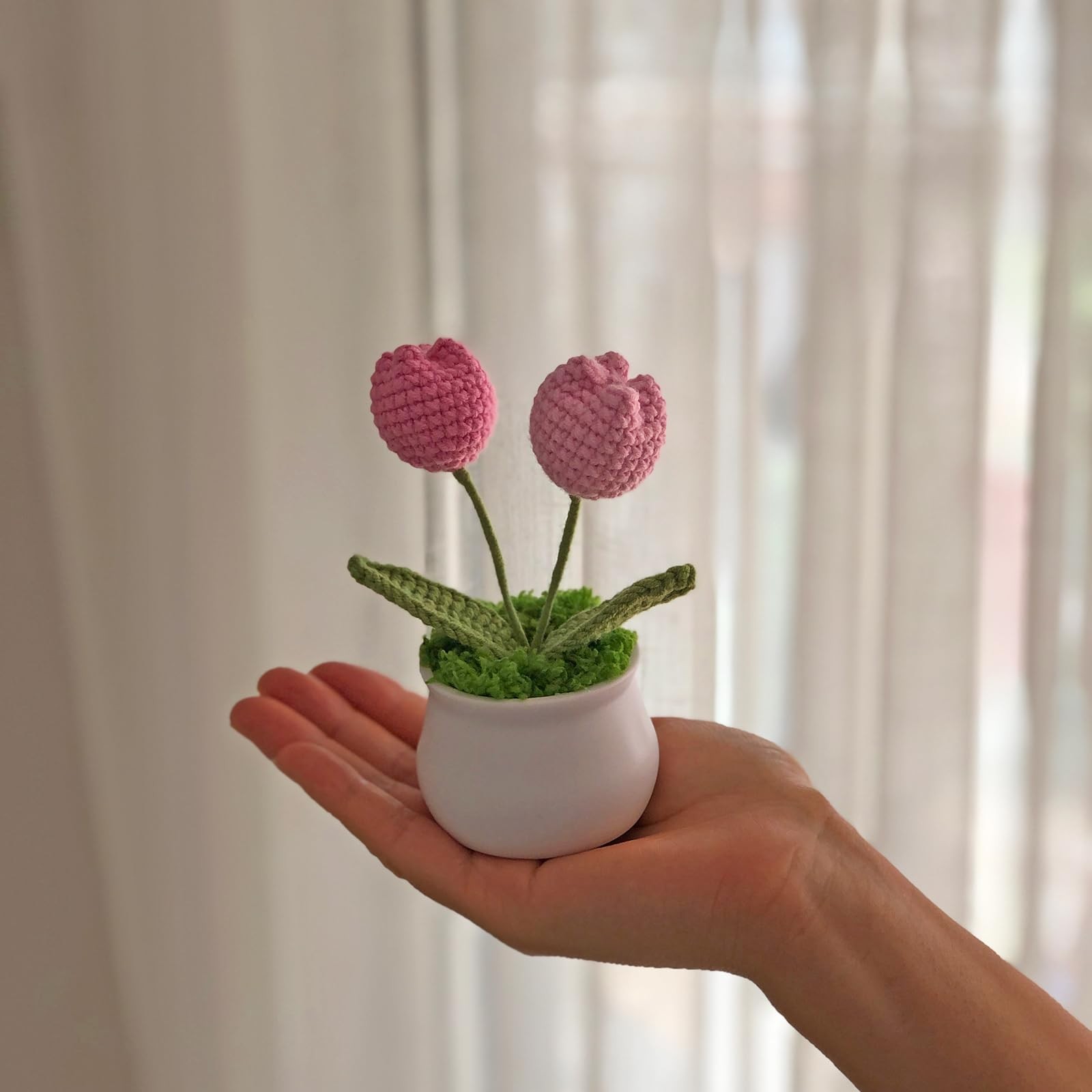 Crochet Flowers, Potted Pink Gradient Tulips, Car Dashboard, Home Office Decor