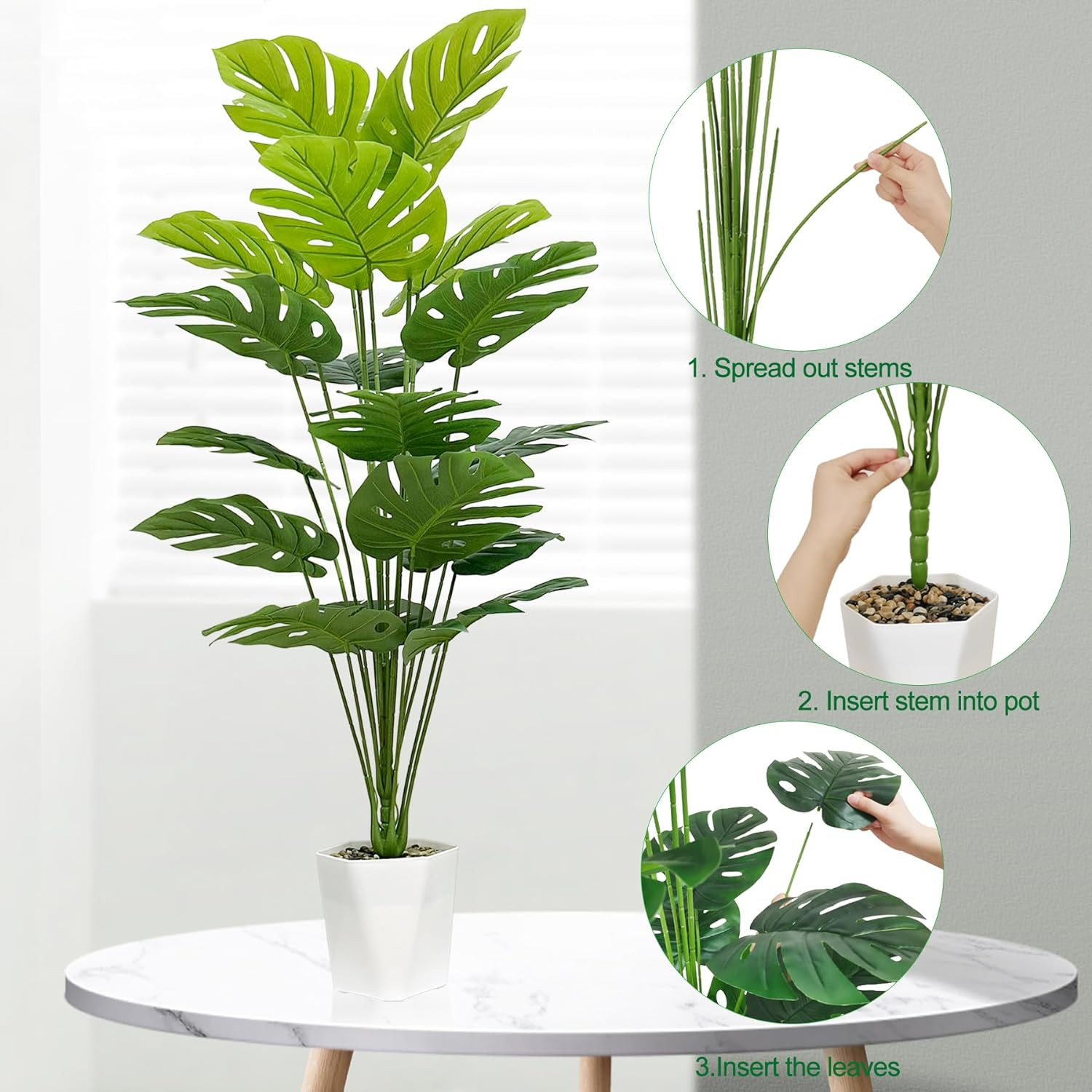 Set of 2 Artificial Monstera Deliciosa Plants in Pots, Fake Tropical Palm Tree w