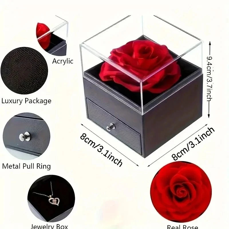 Preserved Eternal Real Rose Flower Gift Box With 14K Gold Plated Silver Necklace