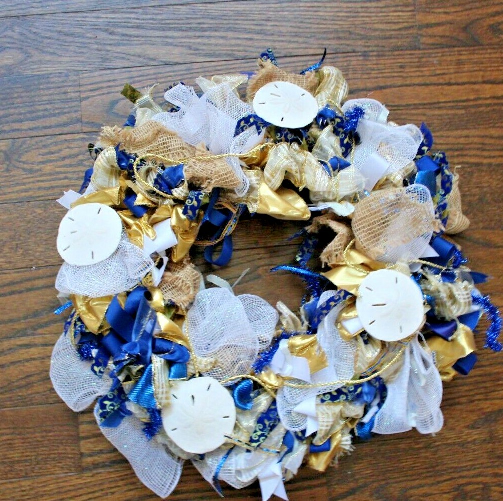 All Occasion Sea Ocean Beach Sand Dollar Door Wreath Blue Gold White 22″ dia