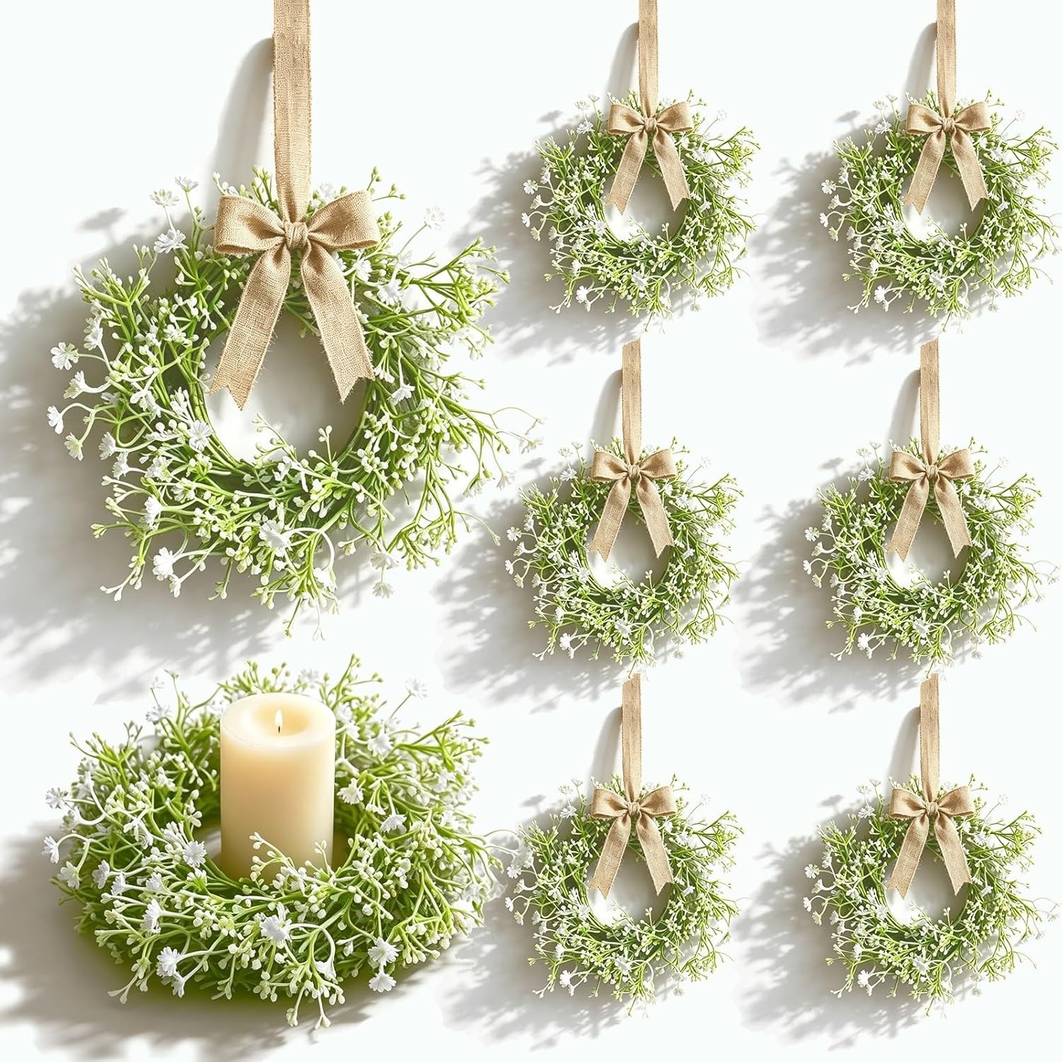 6 Pcs Mini Baby Breath Hanging Wreaths Gypsophila Candle Rings Pillar Holder