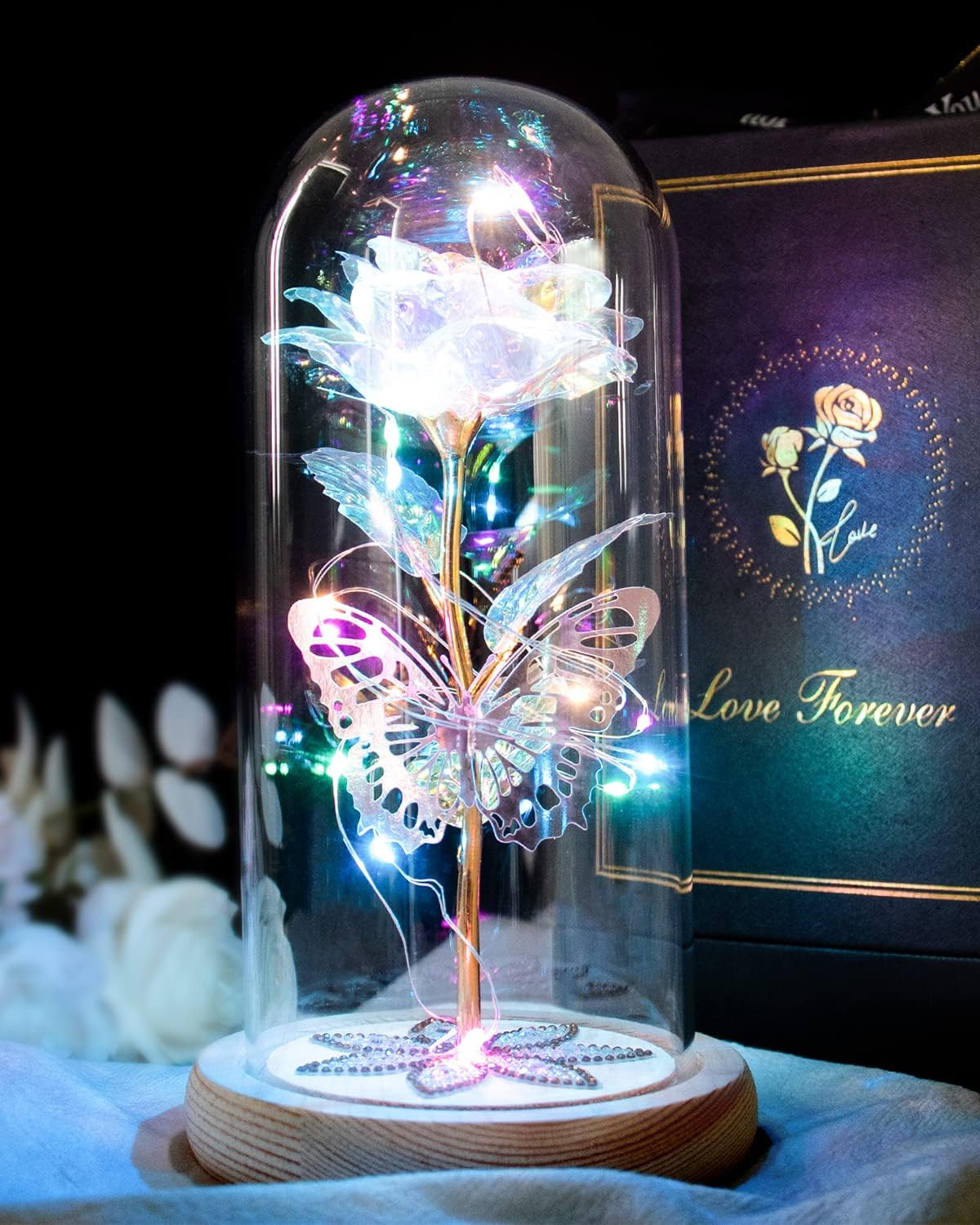 Rosas Artificiales Con Luz LED En Domo De Cristal Regalos Para Cumpleaños Mujer