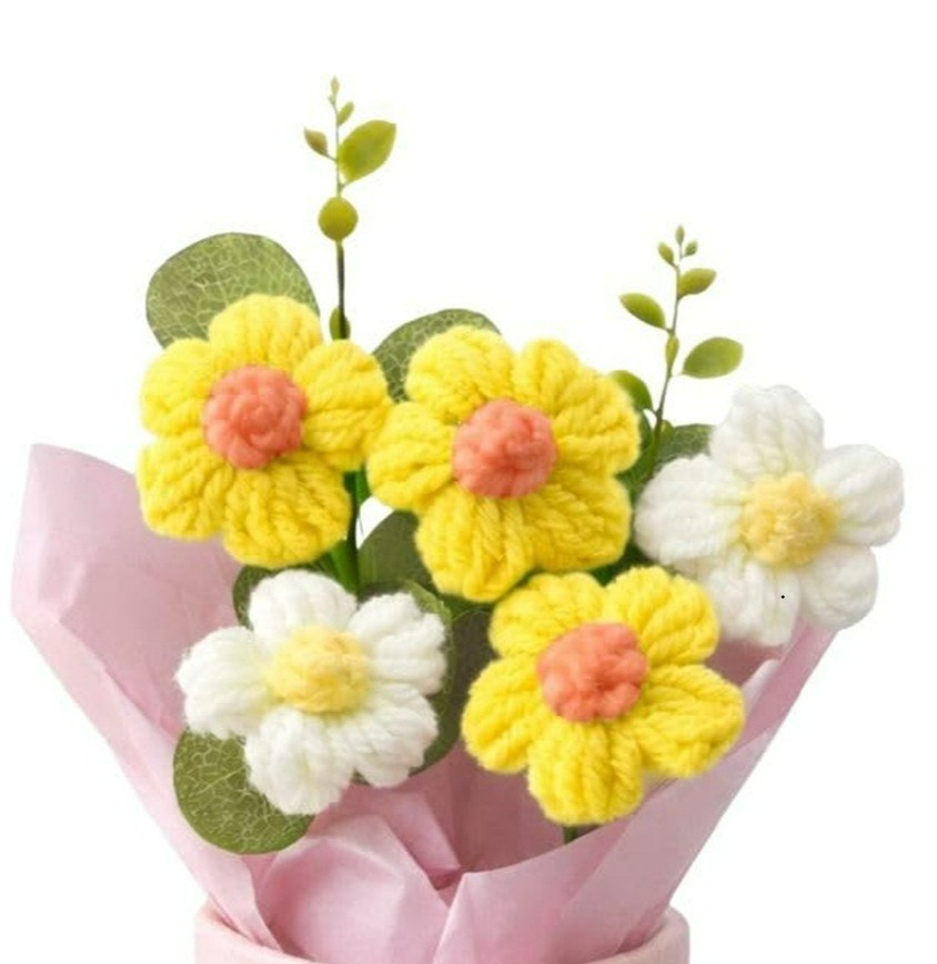 Uniquie Designer Crochet Artificial Hand Woven Yarn Knitted Flower Bouquet Set