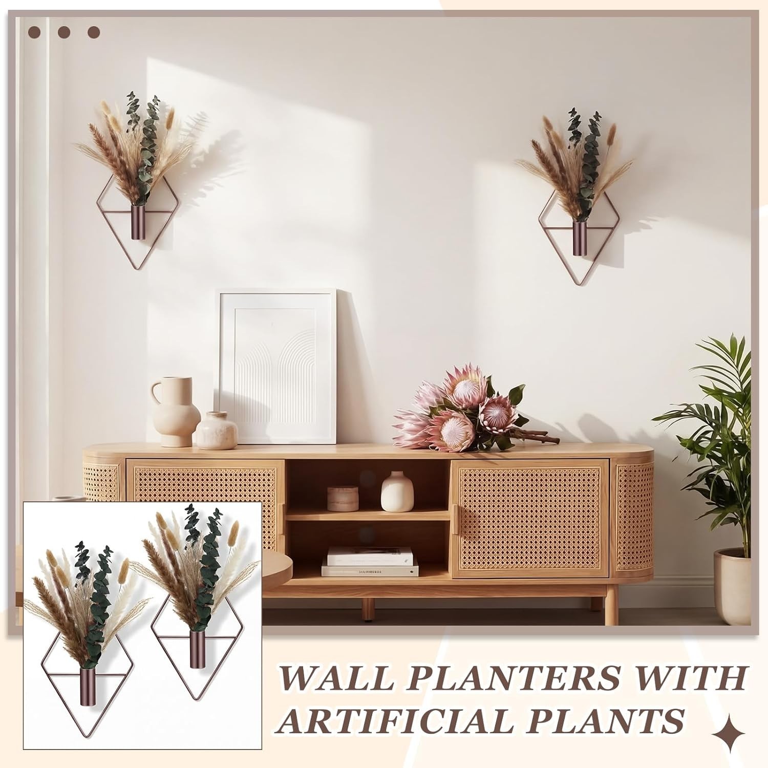 4 Pcs Hanging Planters with Artificial Pampas Metal Hanging Vase Indoor Plant…