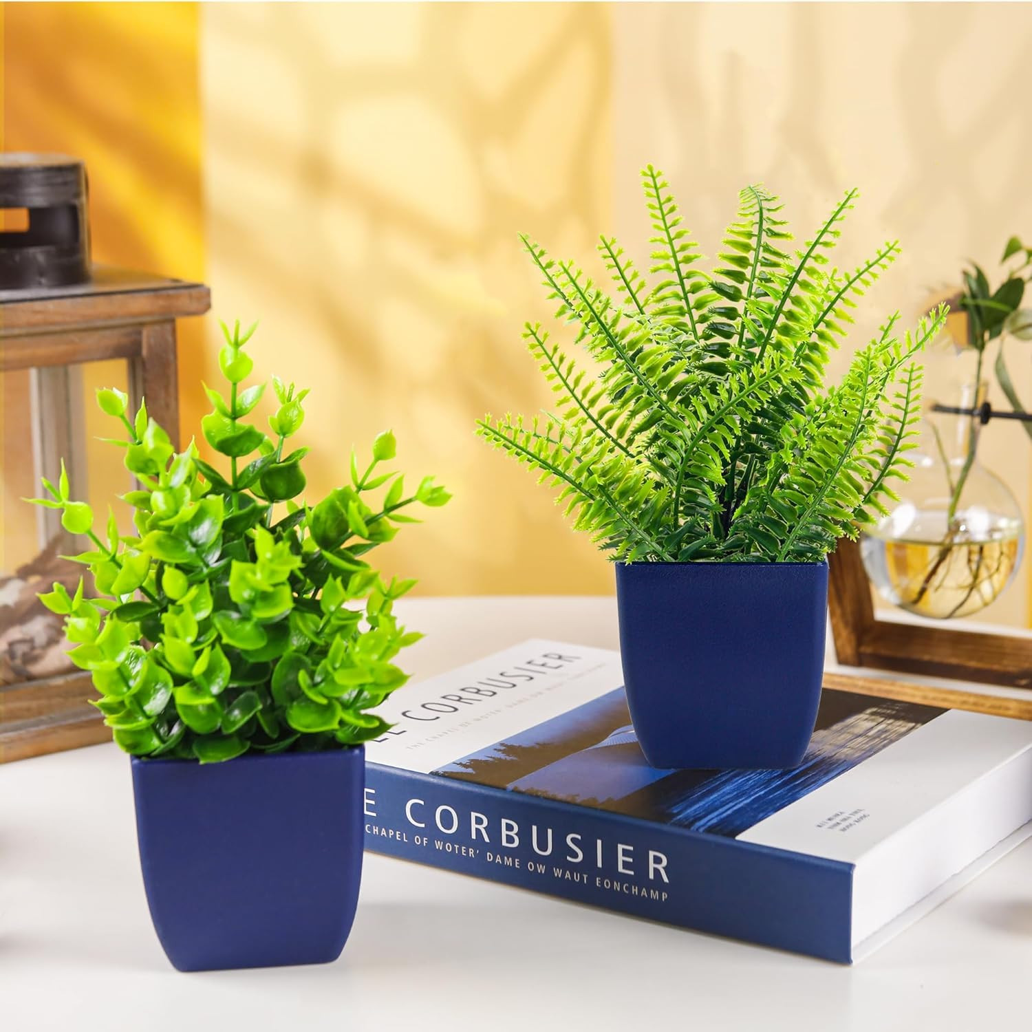 Fake Plants 2 Pack Small Artificial Plants in Blue Pots Faux Plants Indoor for H