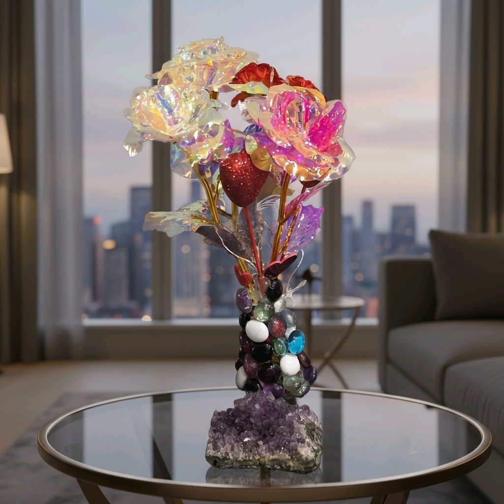 Floral Arrangement With Vase And Lights-New-Hand Crafted