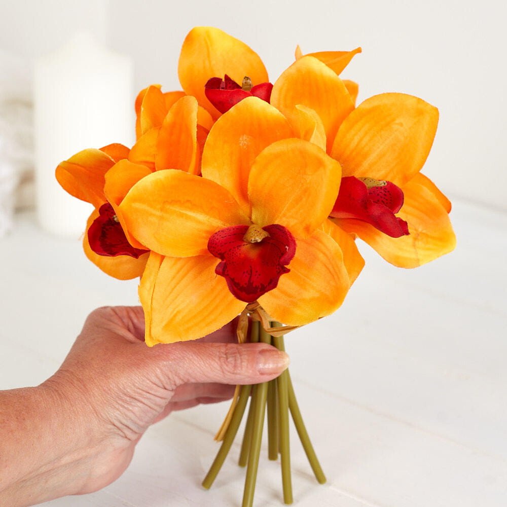 Set of 2 Florescent Orange Artificial Cymbidium Orchid 9-1/2″ Floral Bundles