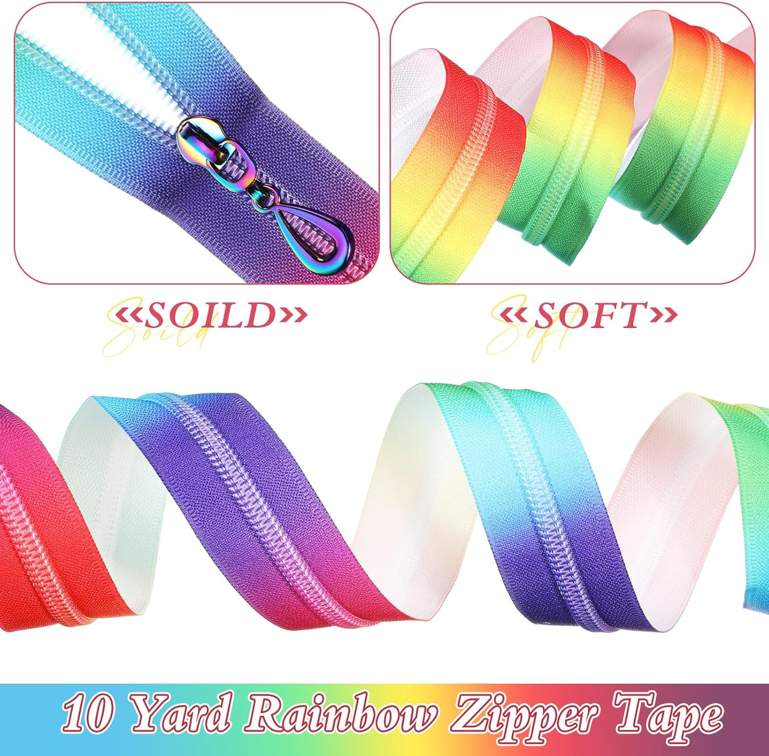 #5 Rainbow Zipper Tape by the Yard 10 Yards Rainbow Teeth Nylon Zipper with 20 P