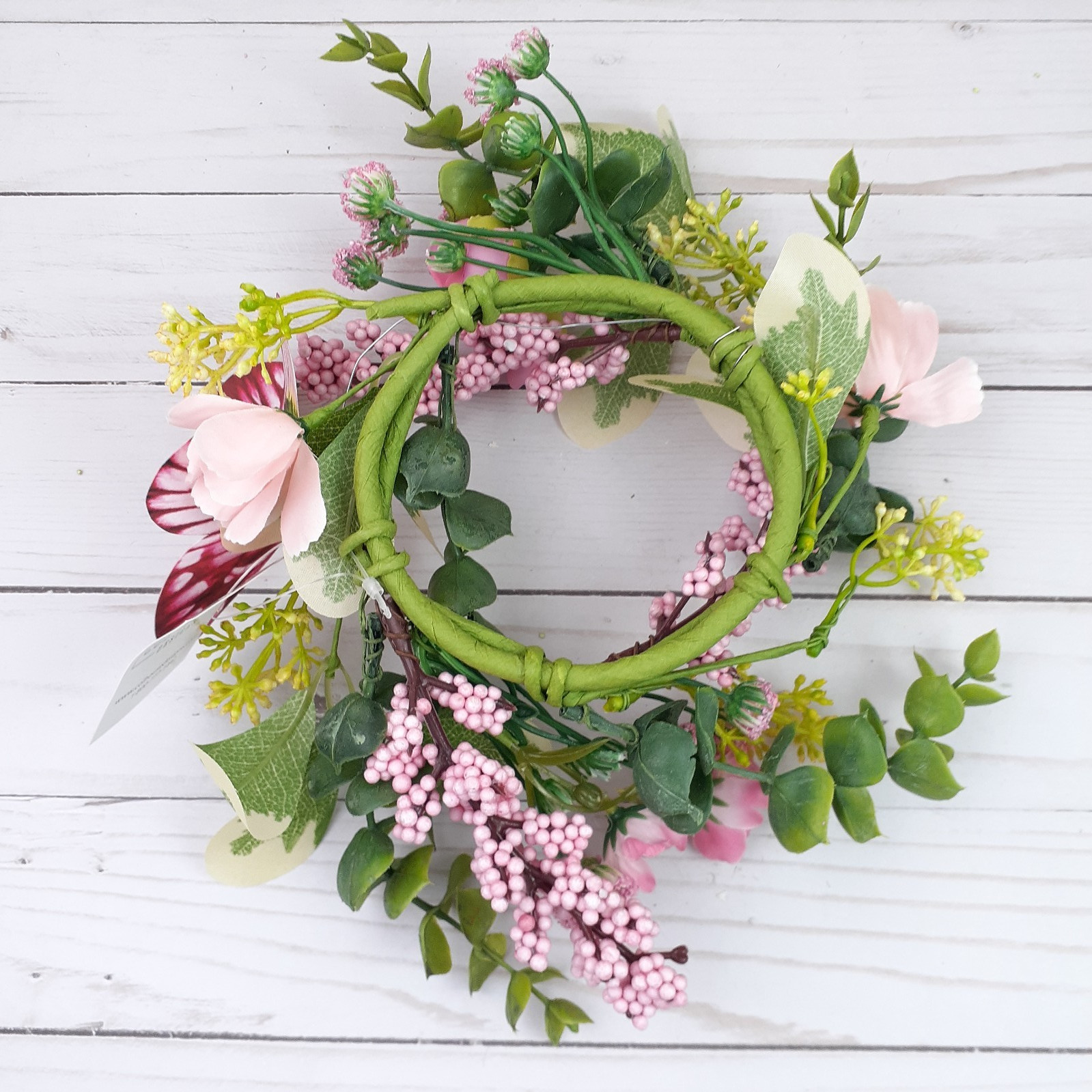 Floral Candle Ring Blushing Butterfly Garden Pink Flowers 4″ inside