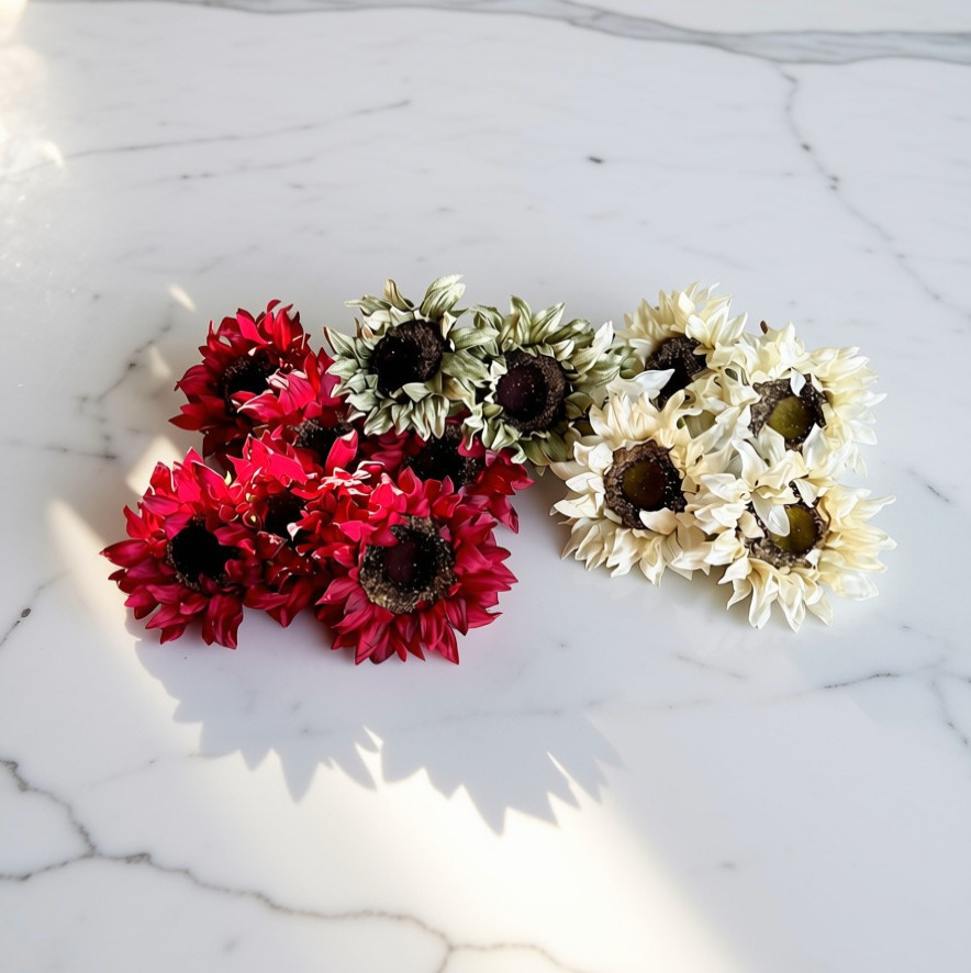 Set of 5 Cream Faux Sunflower Picks Soft Fabric Petals Wrapped Stems 9″ Tall