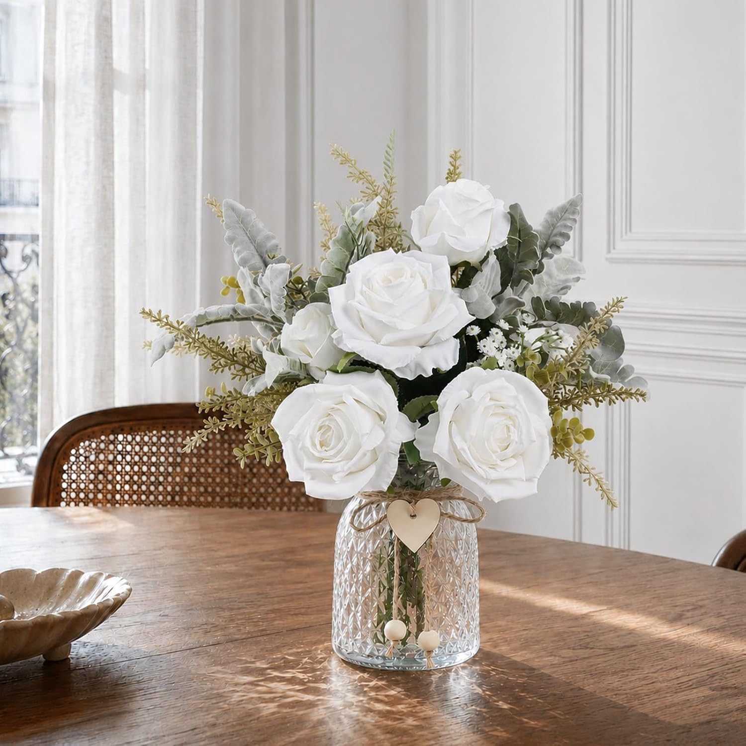 Artificial White Rose in Vase Faux Flowers for Home Decor Table Centerpiece | FL