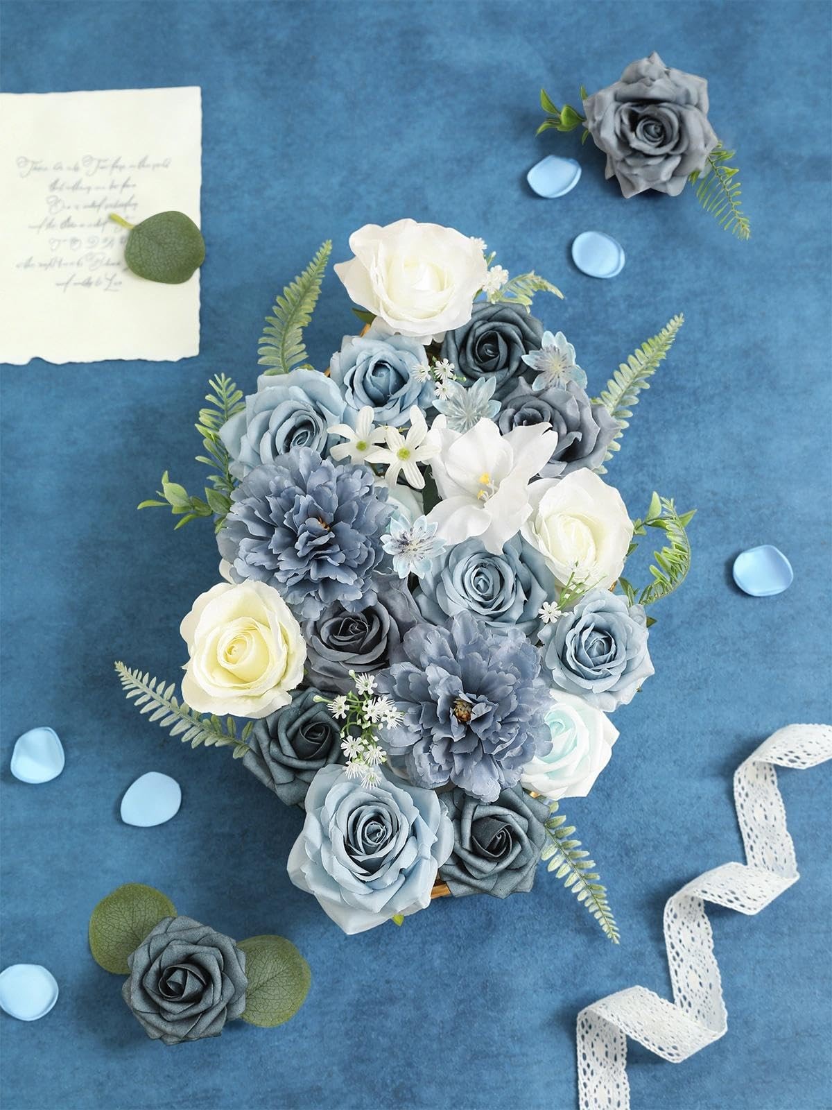 Artificial Flowers Combo Set,Dusty Blue Fake Roses Silk Flowers with Stems fo…